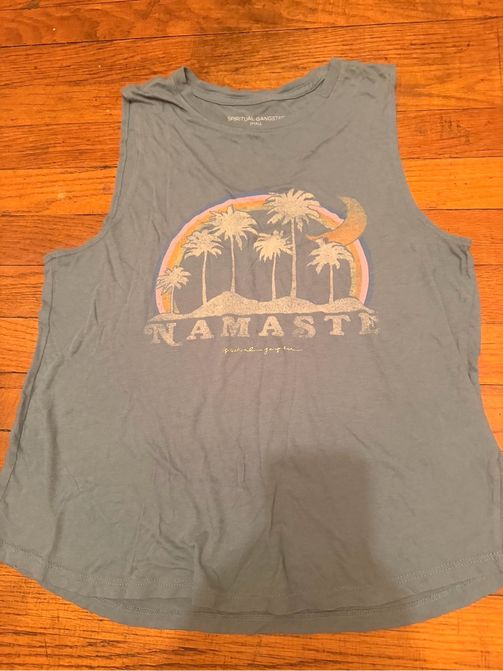 Spiritual Gangster Dusty Blue 'Namaste' Palm Graphic Muscle Tank